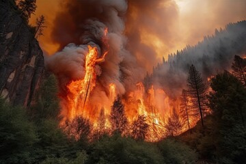 Fototapeta premium Astonishing ecological calamity represented by an extensive, raging forest fire. Generative AI