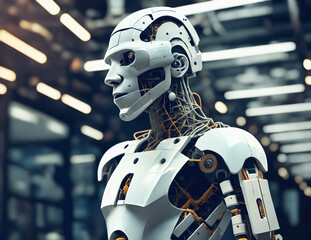 Obraz na płótnie Canvas Futuristic white robot android in a robot construction facility. Artificial intelligence technology image, created with generative AI