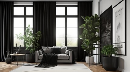 Fototapeta na wymiar Contemporary room with black frames, draperies, and potted plants-enhance
