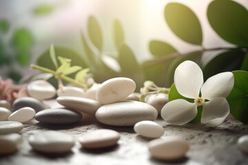 Fototapeta na wymiar Black and white pebble stones and green plant leaves flowers in a calm relaxing spa environment Generative AI Illustration