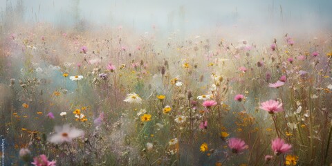 Obraz na płótnie Canvas AI Generative. AI Generated. Wild flowers spring outdoor field. Romantic nature lover love aesthetics vibe. Graphic Art