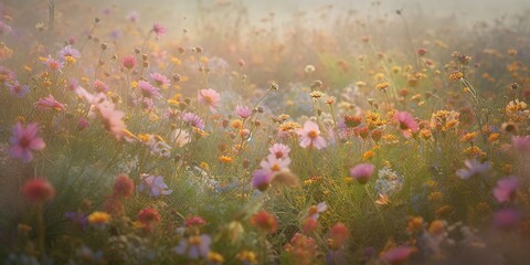 Fototapeta na wymiar AI Generative. AI Generated. Wild flowers spring outdoor field. Romantic nature lover love aesthetics vibe. Graphic Art
