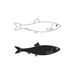 black and white fish vector isolated on white background. fish, animal, sea, seafood, food, meat, ocean, water, fishing, fishery, marine, flat, icon, clipart, sticker, simple, vector illustration