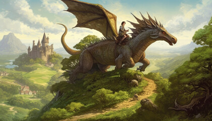 Boy riding a fierce dragon in a fantasy universe. Generative AI illustrations