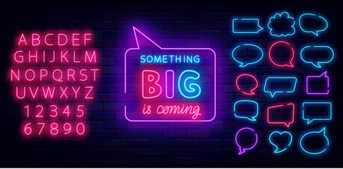 Something big is coming neon sign. Special offer label. Sale or party invitation. Vector stock illustration