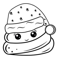 Christmas smiley poop with Santa Claus hat, Black outline in doodle style