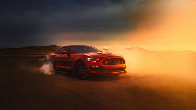 LA, California - April 30, 2023 Ford Mustang red at sunset in smoke. American muscle car
