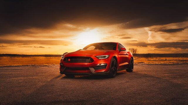 LA, California - April 30, 2023 Ford Mustang red at sunset. American muscle car