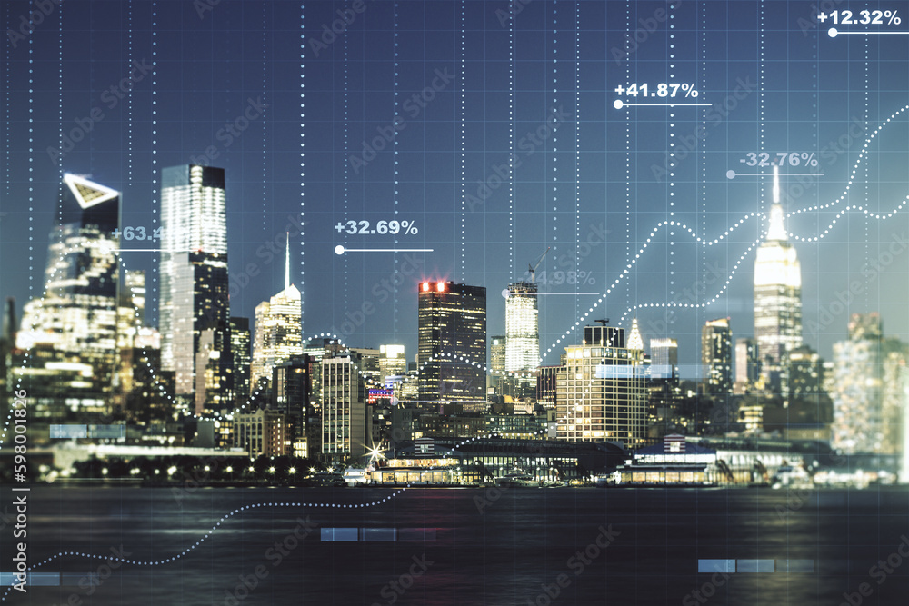 Poster abstract virtual analytics data spreadsheet on new york cityscape background, analytics and analysis