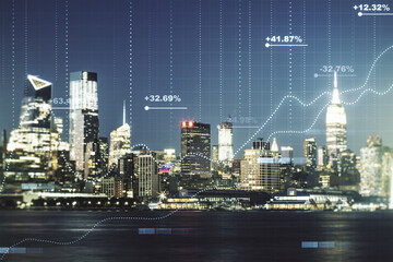 Abstract virtual analytics data spreadsheet on New York cityscape background, analytics and analysis concept. Multiexposure