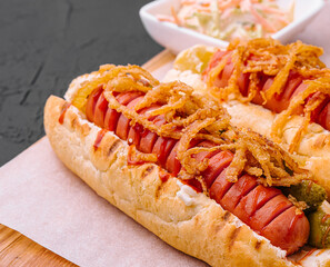 Delicious Gourmet Grilled Hot Dogs With Mustard, Pickles, Onion