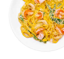 Fettuccine alfredo with shrimp top view
