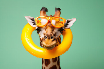 Naklejki  A giraffe ready for a summer vacation with sunglasses and an inflatable rubber ring. Generative ai Generative AI