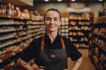 Fototapeta premium Atractive young saleswoman in apron works on supermarket. Generative AI