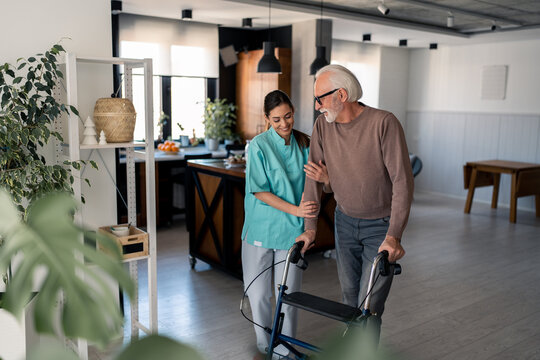 Caring physiotherapist assisting elderly male patient with glasses to walk step by step with mobility walker during home visit. Supportive female physiotherapist helping old man to use mobility walker