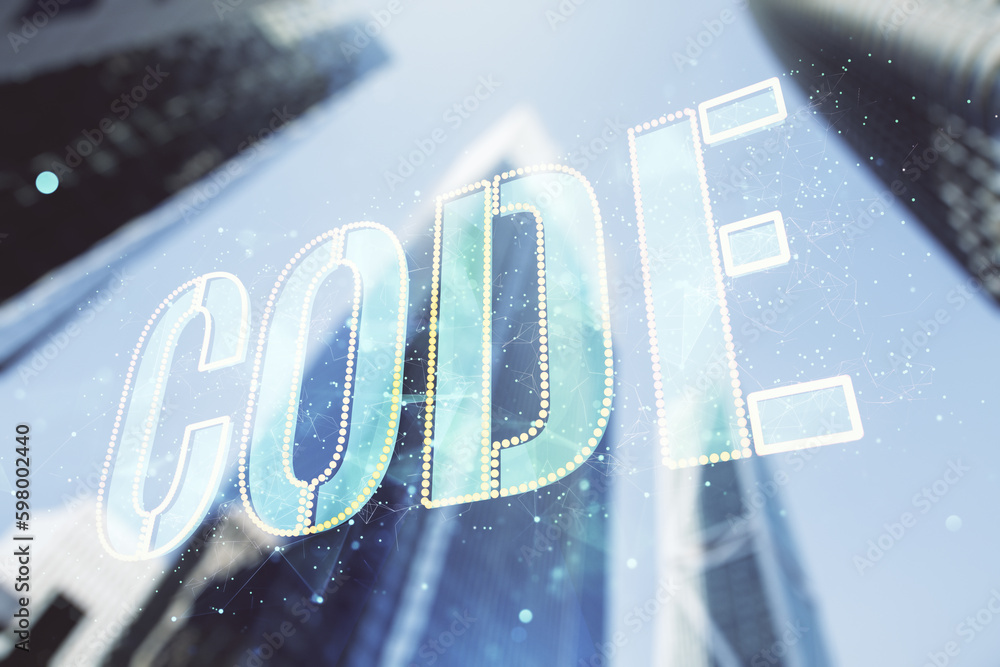 Aufkleber code word hologram on modern architecture background, international software development concept. mu