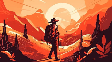 Fototapeta premium a modern illustration of a hiking man, cartoon artwork, generative ai technology