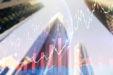 Multi exposure of abstract financial diagram with world map on office buildings background, banking and accounting concept