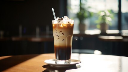 Ice coffee in a tall glass with cream poured over and coffee beans, Cold summer drink, Generative AI
