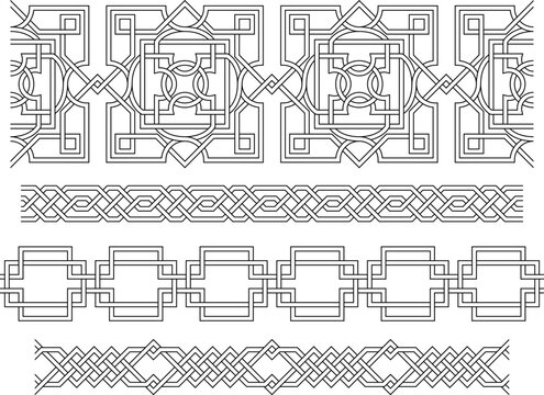 Seamless black geometric brushes, Islamic, Celtic art legacy. Overlapping and interlacing lines. Pattern brushes are included. 