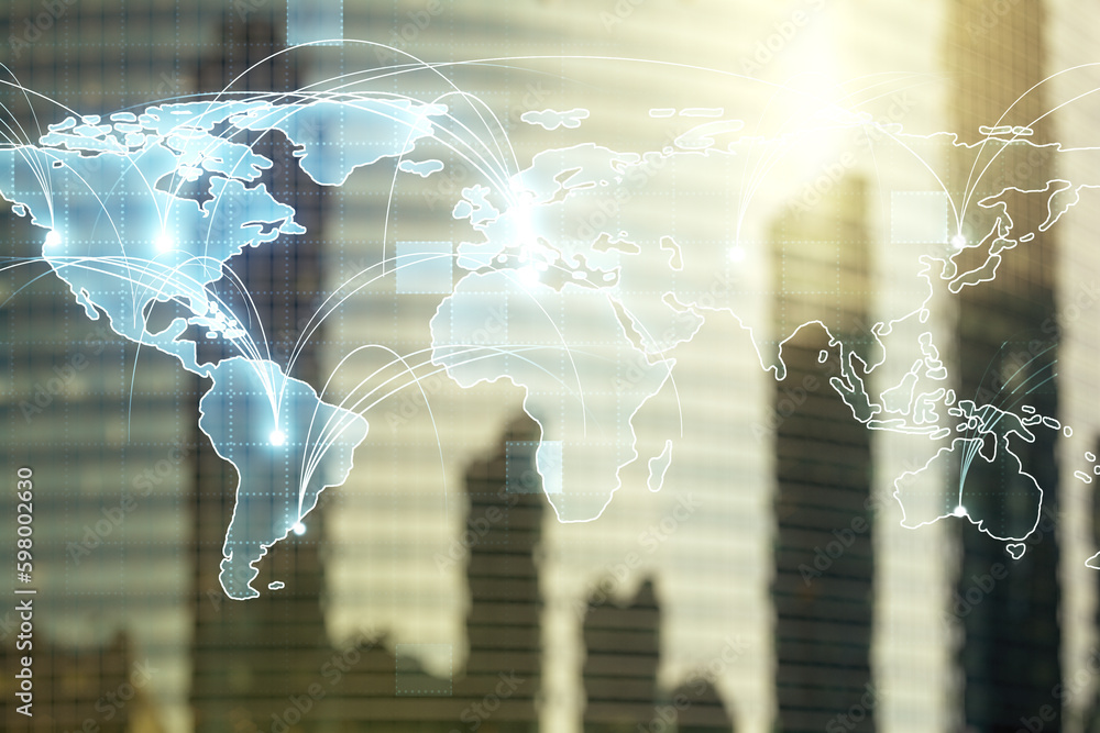 Poster double exposure of abstract digital world map hologram with connections on blurry cityscape backgrou