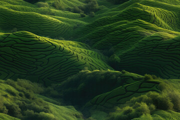 Nahtlos wiederholendes Muster: Grüne Hügel - Wiese in den Bergen mit Bäumen - Landschaft