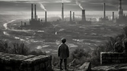 A small child stands on a mountaintop, staring at a huge, sprawling power plant with chimneys and cooling towers, Generative AI