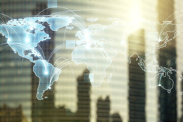Double exposure of abstract digital world map hologram with connections on blurry cityscape background, big data and blockchain concept