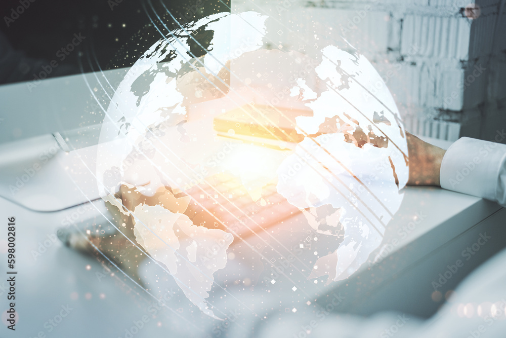 Aufkleber abstract creative digital world map and hands typing on laptop on background, globalization concept.