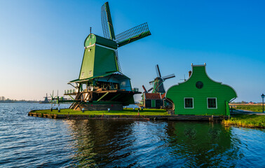 Fototapeta na wymiar Zaanse Schans windmills, Zaandam near Amsterdam in Holland