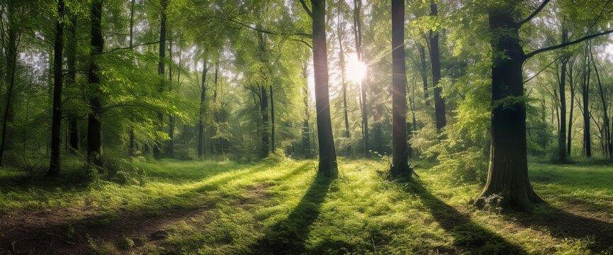 Panoramic view of a forest with sunlight shining through the trees