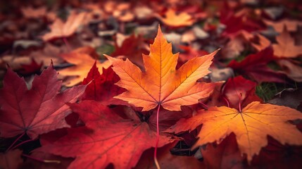 Fototapeta na wymiar Red autumn maple leaves laying on the forest ground
