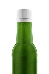 Bottle of healthy green smoothie on white