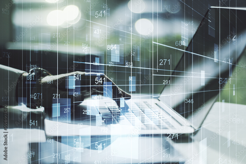 Aufkleber double exposure of abstract creative statistics data hologram with hands typing on laptop on backgro