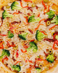 Fresh italian pizza with chicken fillet, mushrooms,broccoli, cheese on white