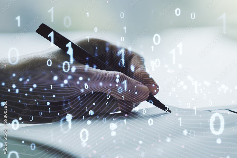 Aufkleber Creative concept of binary code illustration and man hand writing in notebook on background. Big data and coding concept. Multiexposure