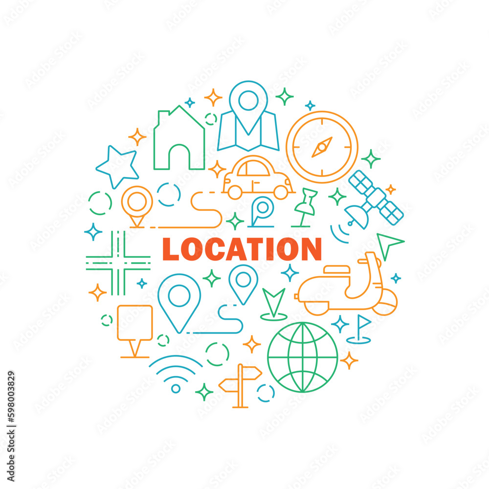 Poster location icons circle shape background vector design.