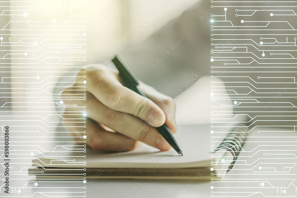 Poster double exposure of circuit hologram and man hand writing in notebook on background. research and dev