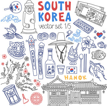 South Korea traditional symbols, food and landmarks doodle set. Drawings isolated on white background. Outline stroke is not expanded, stroke weight is editable