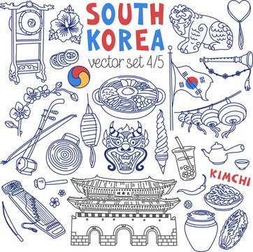 South Korea traditional symbols, food and landmarks doodle set. Drawings isolated on white background. Outline stroke is not expanded, stroke weight is editable