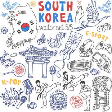 South Korea traditional symbols, food and landmarks doodle set. Drawings isolated on white background. Outline stroke is not expanded, stroke weight is editable