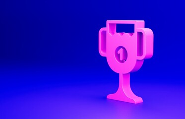 Pink Award cup icon isolated on blue background. Winner trophy symbol. Championship or competition trophy. Sports achievement sign. Minimalism concept. 3D render illustration