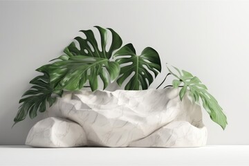 Stone product display podium with monstera leaf on white background, ai generative