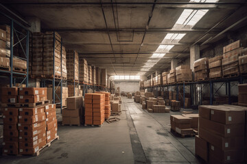 A spacious warehouse filled to the brim with parcels, offering plenty of storage space for various goods. Ai generated.