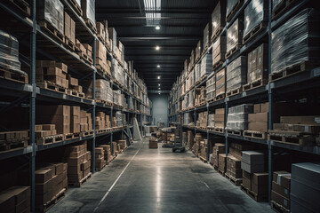 Fototapeta premium A spacious warehouse filled to the brim with parcels, offering plenty of storage space for various goods. Ai generated.