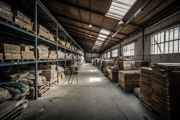 A spacious warehouse filled to the brim with parcels, offering plenty of storage space for various goods. Ai generated.
