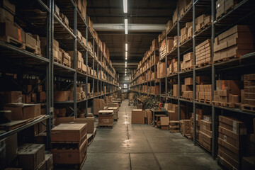 Fototapeta premium A spacious warehouse filled to the brim with parcels, offering plenty of storage space for various goods. Ai generated.