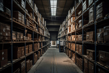 Obraz premium A spacious warehouse filled to the brim with parcels, offering plenty of storage space for various goods. Ai generated.