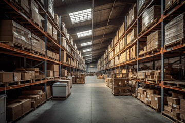 Fototapeta premium A spacious warehouse filled to the brim with parcels, offering plenty of storage space for various goods. Ai generated.