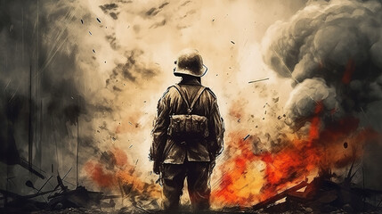 a soldier is standing in front of the end of the war, sad memorial day artwork, generative ai technology
